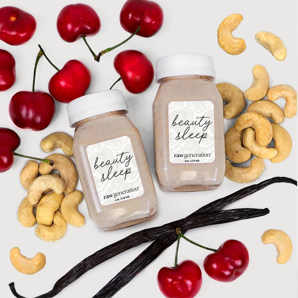 Bridal Beauty Sleep jars with raw cashews, fresh cherries, and vanilla beans, highlighting a natural formula for improved sleep quality with cherry-vanilla flavor.