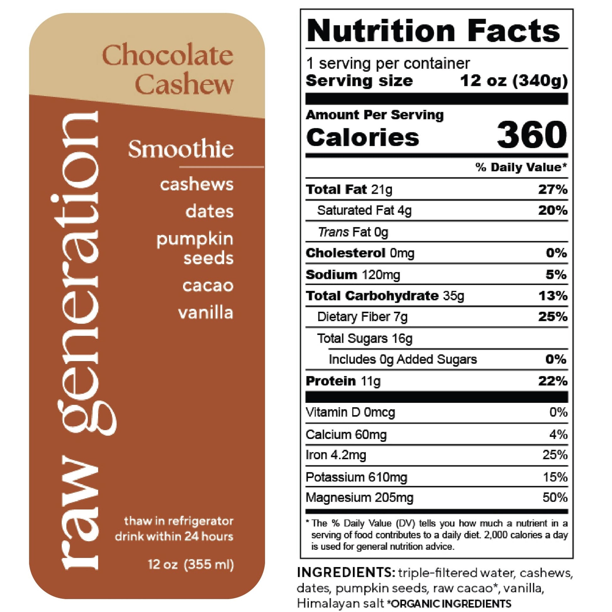 nutrition facts for chocolate cashew smoothie