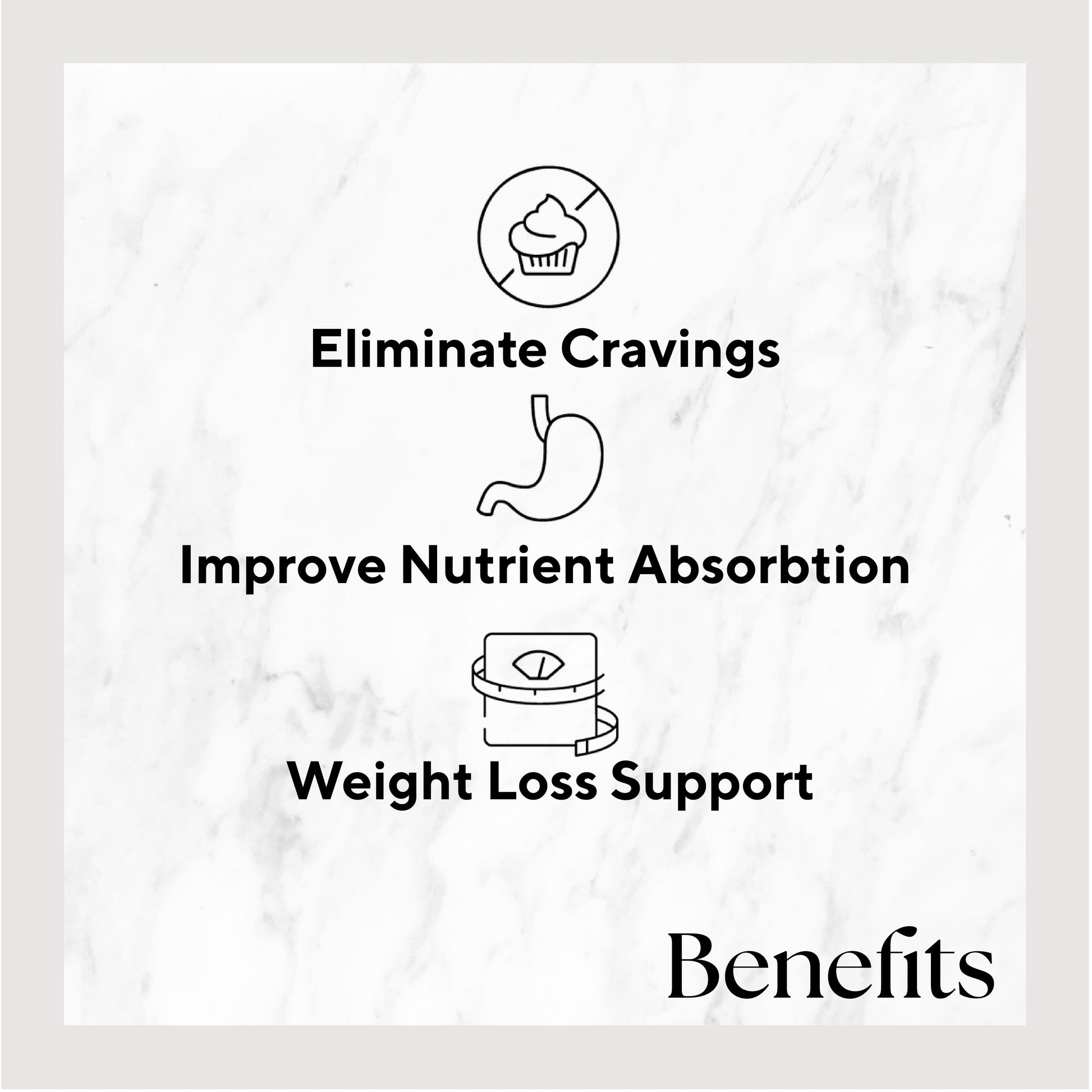 Craving Crusher™ Shot (2-Count) bottles on a white marble surface, featuring symbols of a cupcake, stomach outline, and weight scale, emphasizing digestive health and craving control.