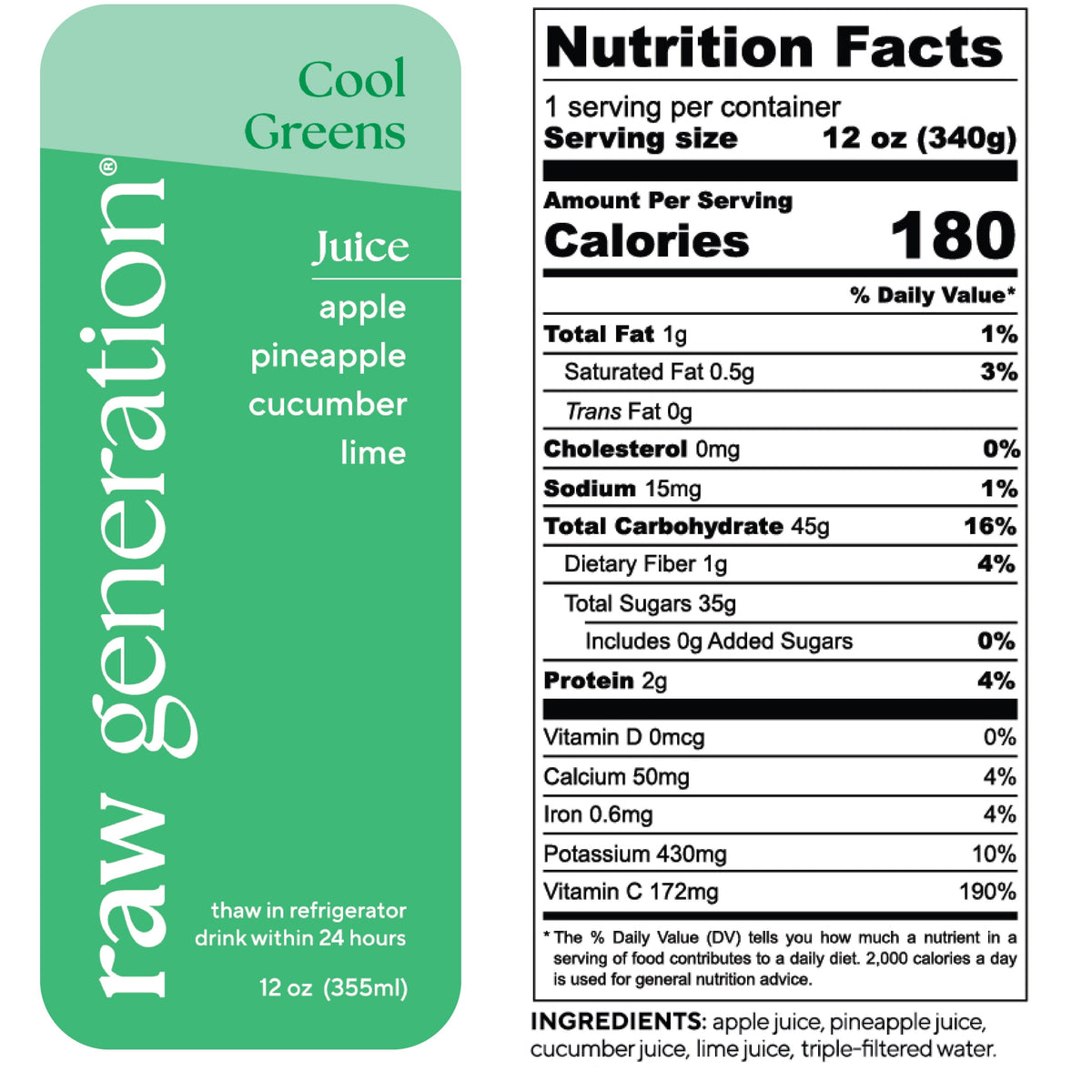 Cool Greens juice bottle displaying a detailed nutrition label, highlighting aloe vera's benefits alongside ingredients: apple, pineapple, cucumber, and lime for health and wellness.