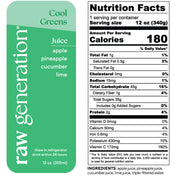 Cool Greens juice bottle displaying a detailed nutrition label, highlighting aloe vera's benefits alongside ingredients: apple, pineapple, cucumber, and lime for health and wellness.