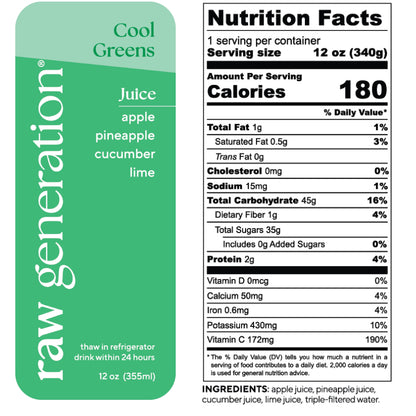 Cool Greens juice bottle displaying a detailed nutrition label, highlighting aloe vera's benefits alongside ingredients: apple, pineapple, cucumber, and lime for health and wellness.