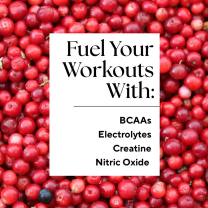 A sea of red cranberries with a white square overlay reads: Fuel Your Workouts With Plant-Based Electrolytes, BCAAs, Creatine, Nitric Oxide. Enjoy a stimulant-free boost. NEW! Pre-Workout Juice by Raw Generation.