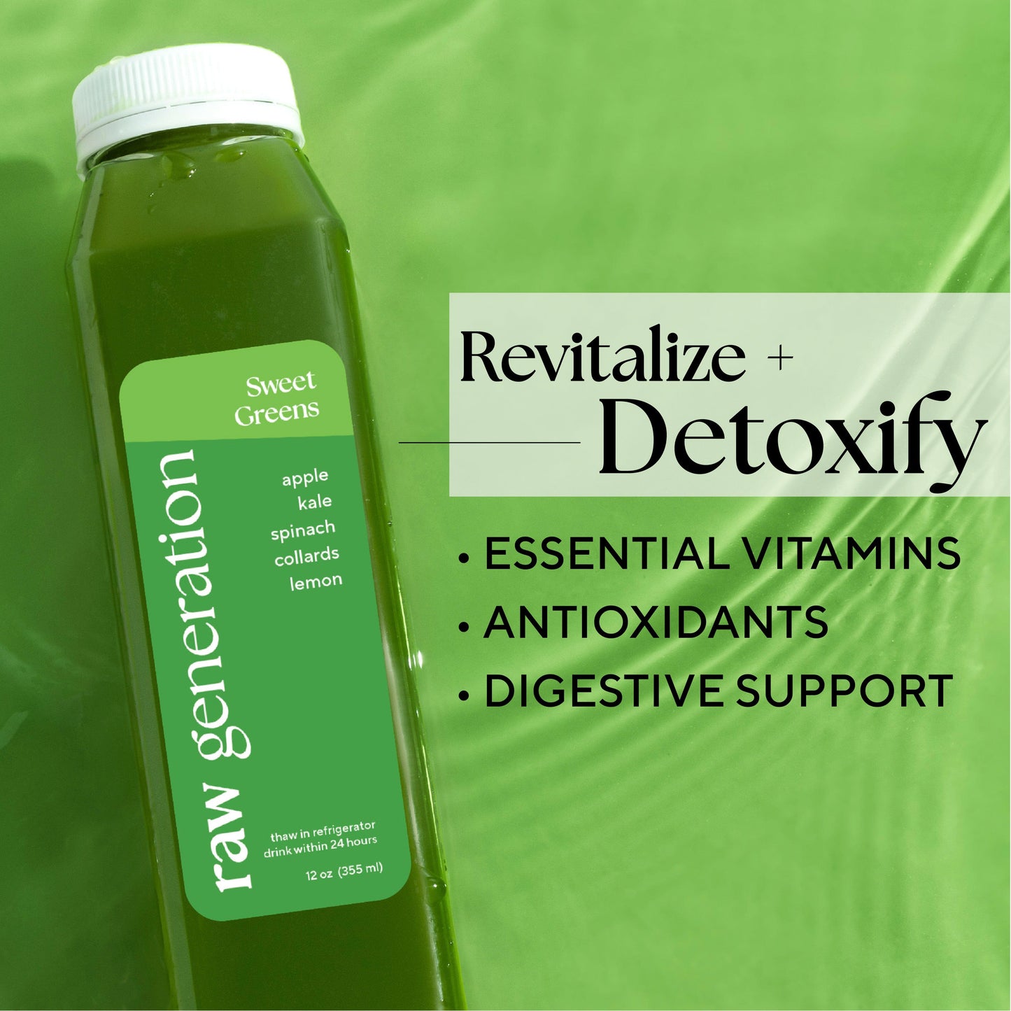 Green Routine® juice bottle featuring chlorophyll-rich greens, promoting wellness, craving reduction, and energy boost, made with raw, vegan, non-GMO ingredients.