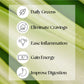 Green Routine® product image with a screenshot featuring black and white health symbols, representing its nutrient-rich, leafy green ingredients for cravings and wellness.