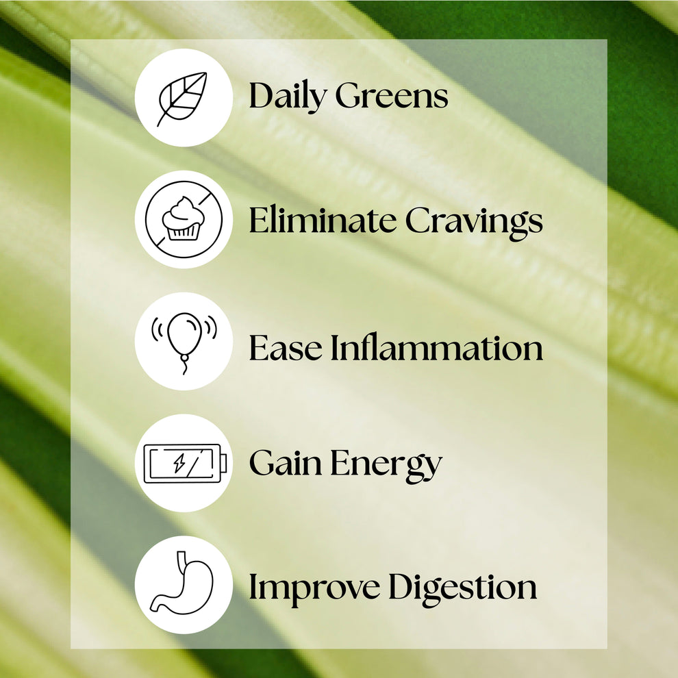 Green Routine® product image with a screenshot featuring black and white health symbols, representing its nutrient-rich, leafy green ingredients for cravings and wellness.