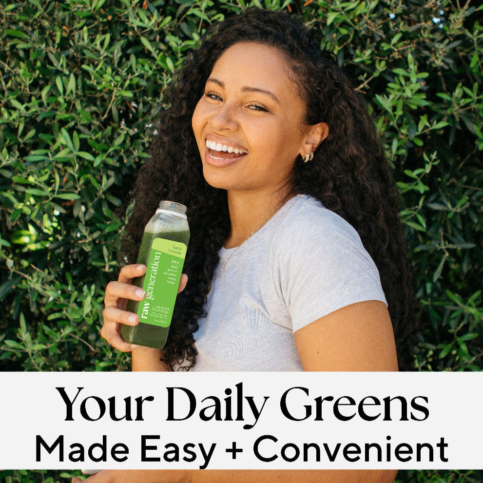Woman holding a Green Routine® juice bottle, highlighting its chlorophyll-rich ingredients for cravings reduction and wellness improvement, made with raw, vegan, and non-GMO ingredients.