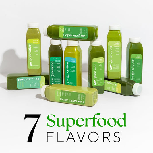 Green Routine® juice pack, promotes gut health, digestion, energy, and clear skin. Includes various flavors, excluding Vanilla Greens and Protein Greens.