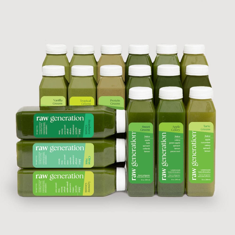 Green Routine® bottles featuring green labels, promoting chlorophyll-rich juices with dark leafy greens for improved health and convenience, ideal for daily nutrient intake.