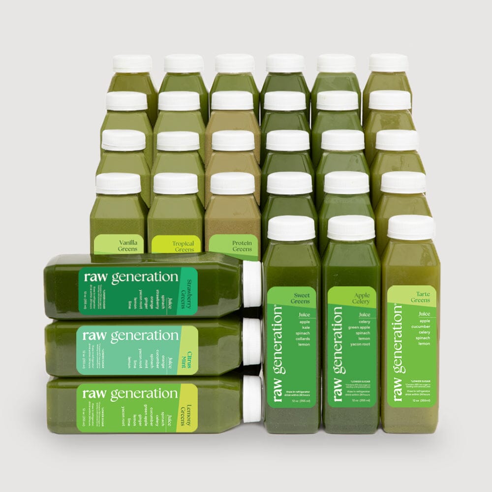 Green Routine® bottles with white caps, featuring chlorophyll-rich juices made from raw leafy greens, promoting wellness and energy without additives or artificial sweeteners.