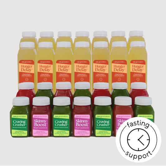 Intermittent Fasting Fuel Pack featuring green juice, red liquid, and protein shake bottles, designed to support intermittent fasting and weight loss.