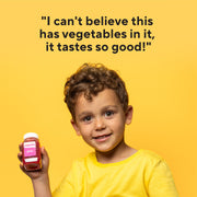 Child holding a jar labeled Sippers for Kids, showcasing a healthy drink with 40 fruits and vegetables, designed to improve children's nutrition.