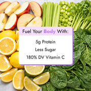 Apple Celery Juice surrounded by sliced apples, lemons, celery, and spinach. Highlights: 5g protein, less sugar, and high Vitamin C content.
