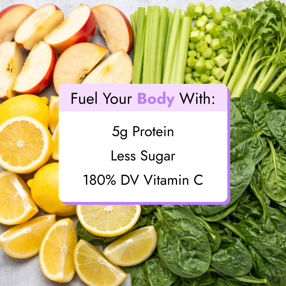 Apple Celery Juice surrounded by sliced apples, lemons, celery, and spinach. Highlights: 5g protein, less sugar, and high Vitamin C content.