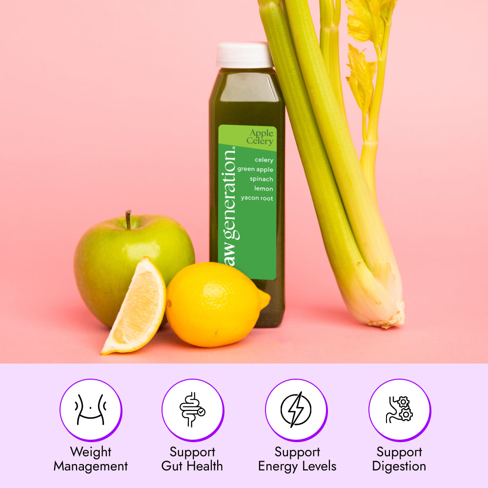Apple Celery Juice in a square plastic bottle with ingredients: celery, green apple, spinach, lemon. Includes benefits icons for health, digestion, and energy support.