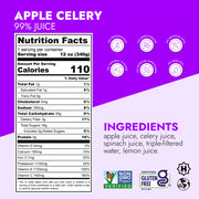 Apple Celery Juice label with nutrition facts, ingredient list, and certifications. Highlights: 99% juice, 5g protein, high vitamin C, no preservatives, or added sugars.