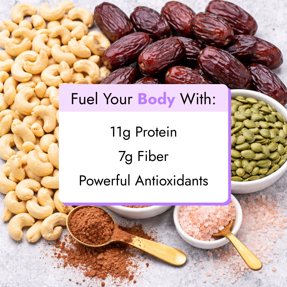 Chocolate Cashew Smoothie ingredients: raw cashews, Medjool dates, pumpkin seeds, cocoa powder, Himalayan salt, promoting 11g protein, 7g fiber, and antioxidants.