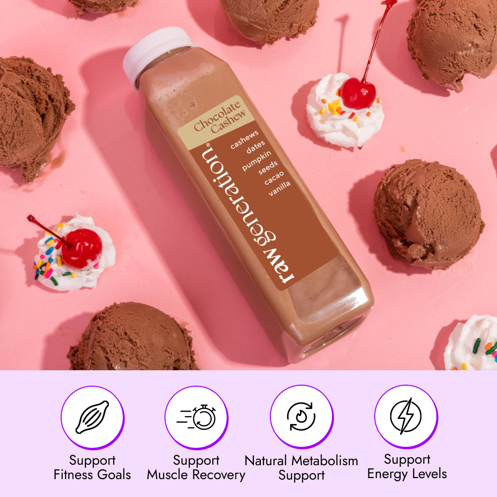 Chocolate Cashew Smoothie bottle surrounded by chocolate ice cream scoops, whipped cream dollops with cherries, highlighting ingredients and benefits like fitness support and energy boost.