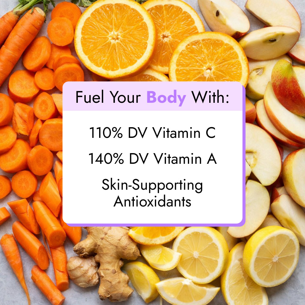 Citrus Carrot juice flat lay with sliced carrots, oranges, apples, lemons, and ginger, highlighting 110% DV Vitamin C, 140% DV Vitamin A, and natural antioxidants.
