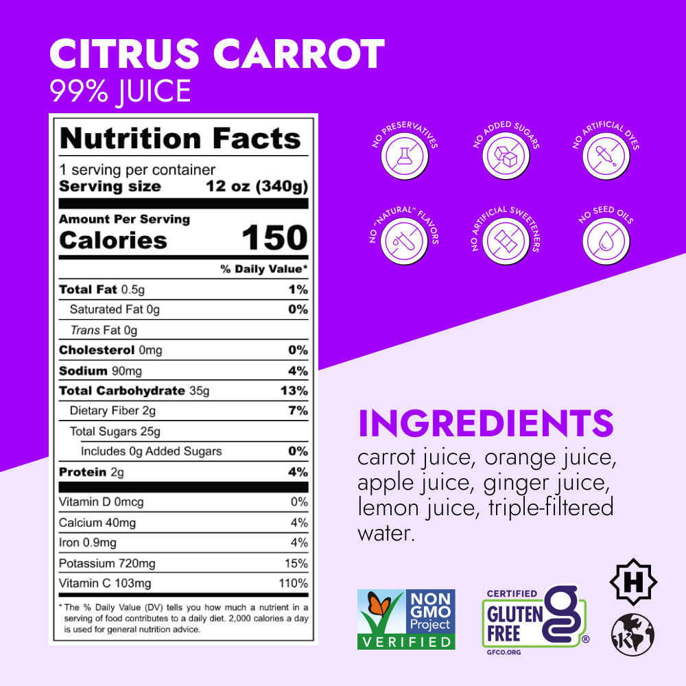 Citrus Carrot juice label highlighting 99% juice, nutrition facts, and free-from icons, emphasizing Vitamin C and immune support benefits with various certification badges.
