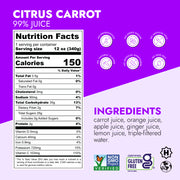 Citrus Carrot juice label highlighting 99% juice, nutrition facts, and free-from icons, emphasizing Vitamin C and immune support benefits with various certification badges.