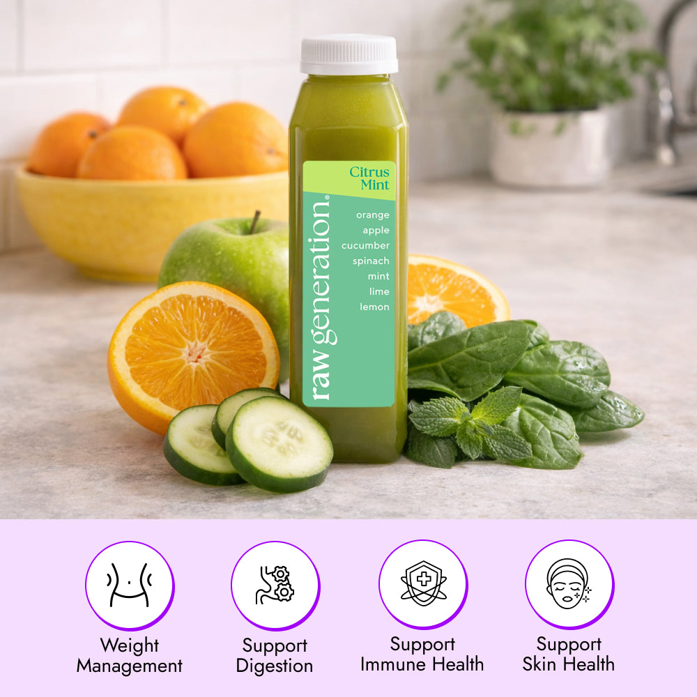 Citrus Mint Juice bottle by Raw Generation with orange, apple, cucumber, spinach, mint, lime, and lemon, surrounded by fresh produce, highlighting weight management, immune support, and digestive wellness benefits.