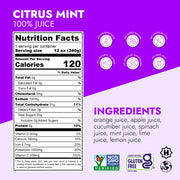 Citrus Mint Juice label displaying nutrition facts, ingredients like orange and mint juice, and claims of being non-GMO, gluten-free, kosher, and free of preservatives.