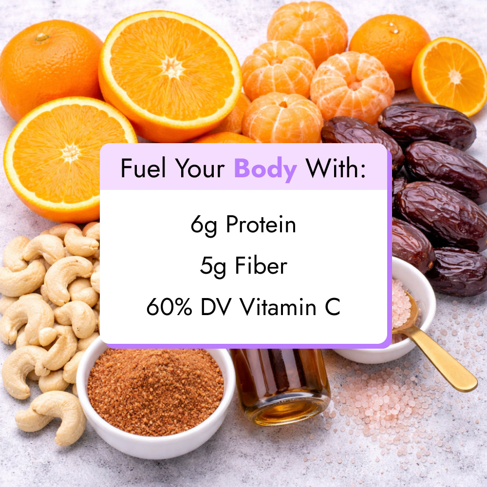 Clementine Creamsicle Smoothie ingredients: oranges, tangerines, cashews, dates, spice, Himalayan salt, honey. Nutrition: 6g protein, 5g fiber, 60% Vitamin C.