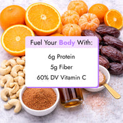 Clementine Creamsicle Smoothie ingredients: oranges, tangerines, cashews, dates, spice, Himalayan salt, honey. Nutrition: 6g protein, 5g fiber, 60% Vitamin C.