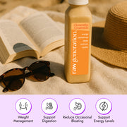 Clementine Creamsicle Smoothie bottle on a towel, with sunglasses, sunhat, and book; promotes weight management, digestion, energy, and bloating reduction.