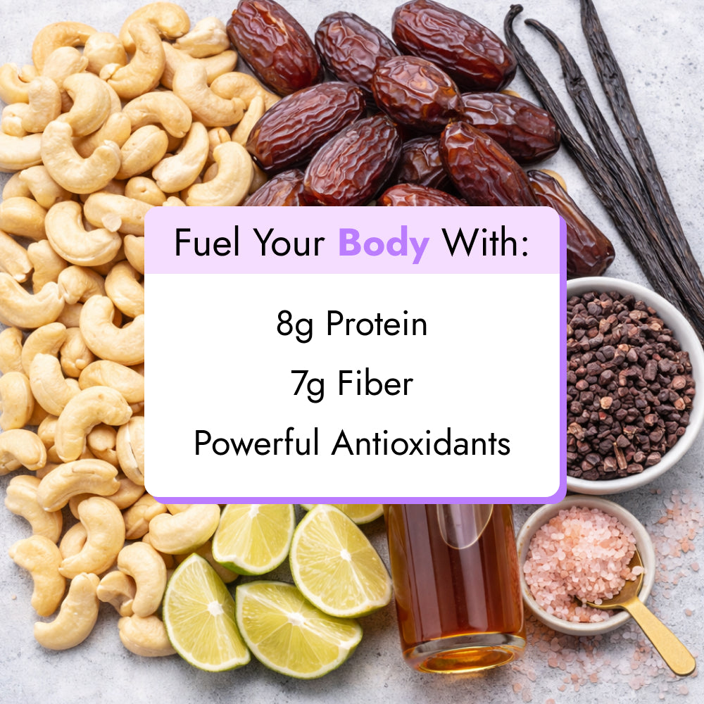 Cookies & Cream Smoothie ingredients: cashews, dates, vanilla beans, cacao nibs, and Himalayan salt, highlighted with nutritional benefits like 8g protein and 7g fiber.