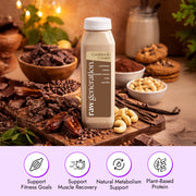 Cookies & Cream Smoothie by Raw Generation, featuring cashews, dates, cacao nibs, vanilla; styled with ingredients and icons highlighting fitness, recovery, metabolism, and plant protein benefits.