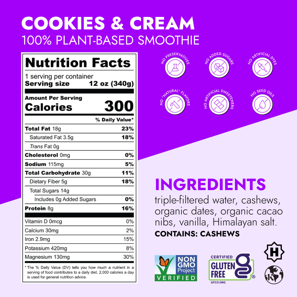 Cookies & Cream Smoothie packaging label with nutrition facts, no-preservatives icons, ingredient list, allergen note (contains cashews), and certifications for Non-GMO, gluten-free, kosher, and sustainability.