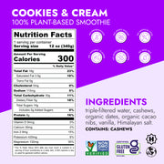 Cookies & Cream Smoothie packaging label with nutrition facts, no-preservatives icons, ingredient list, allergen note (contains cashews), and certifications for Non-GMO, gluten-free, kosher, and sustainability.