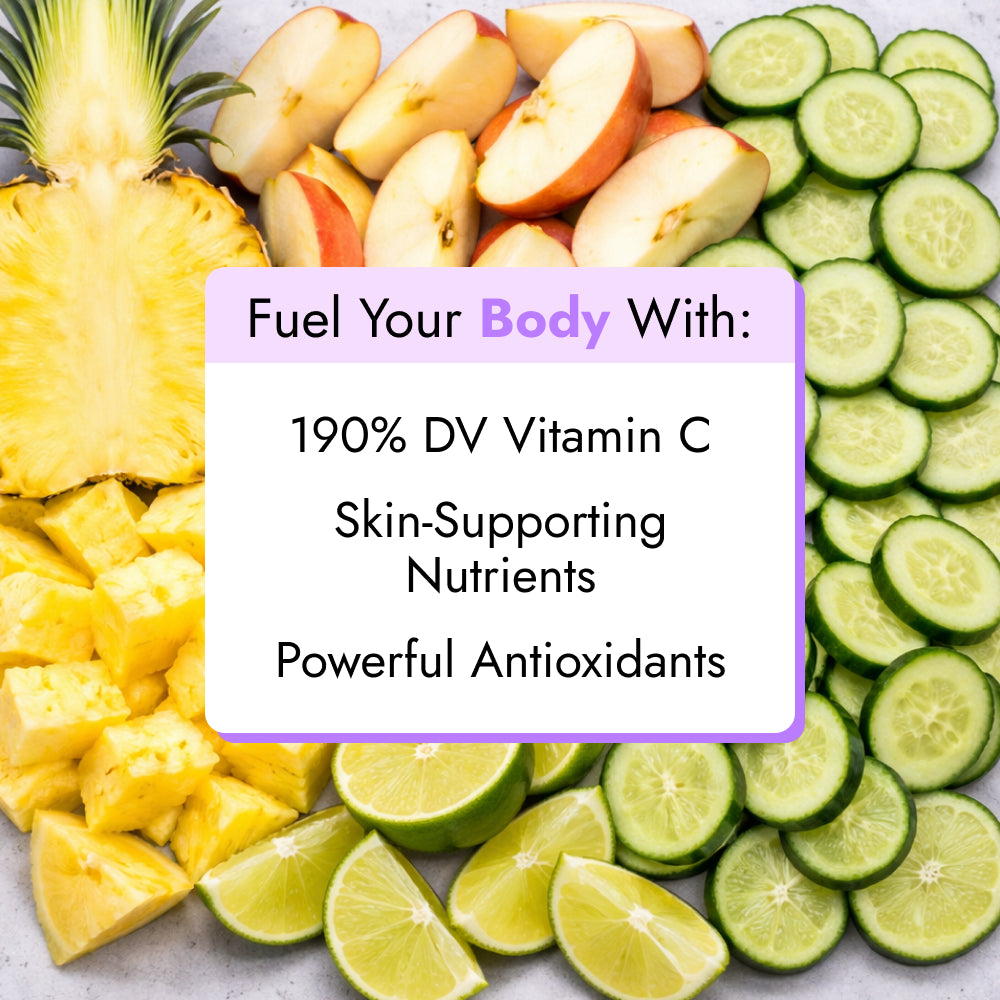 Top-down view of Cool Greens fresh produce including pineapple, apple, cucumber, and lime, highlighting antioxidants, vitamins, and aloe vera for skin and overall health support.