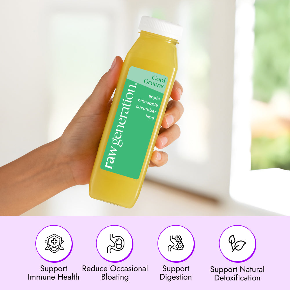 Hand holding a bottle of Raw Generation Cool Greens juice with apple, pineapple, cucumber, and lime, highlighting immune support, digestive wellness, and daily detox benefits.