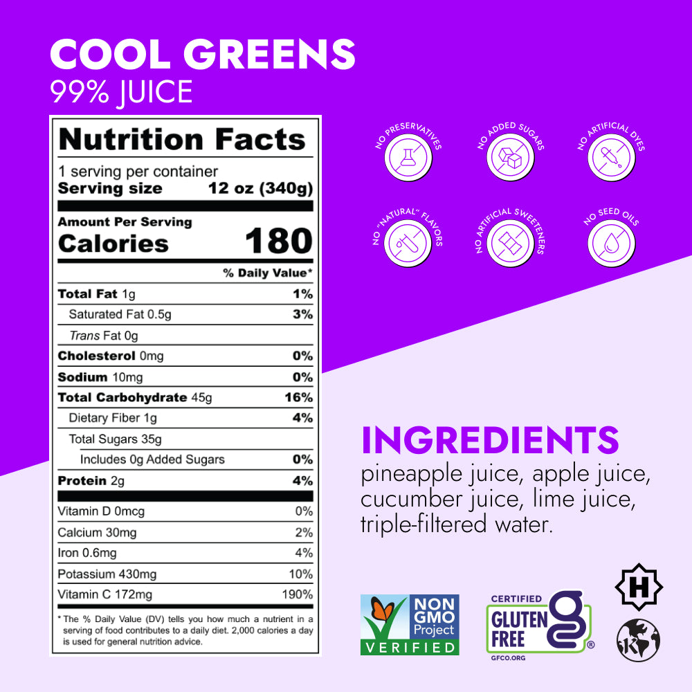 Cool Greens 99% Juice bottle showing nutrition facts, clean-label claims like no preservatives, and certifications, highlighting pineapple, apple, cucumber, lime, and aloe vera benefits.