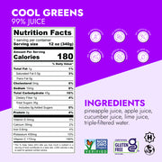Cool Greens 99% Juice bottle showing nutrition facts, clean-label claims like no preservatives, and certifications, highlighting pineapple, apple, cucumber, lime, and aloe vera benefits.