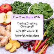 Craving Crusher™ Shot (2-Count) surrounded by fresh apple, ginger, spinach, kale, chard, and cranberries, highlighting chlorophyll, Vitamin C, and antioxidant content.