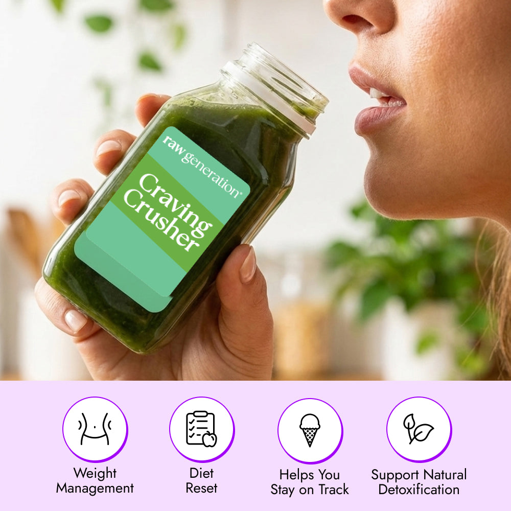 Craving Crusher™ Shot (2-Count) by Raw Generation, a small cold-pressed green juice bottle, highlighting weight management support, diet reset, and natural detox benefits.