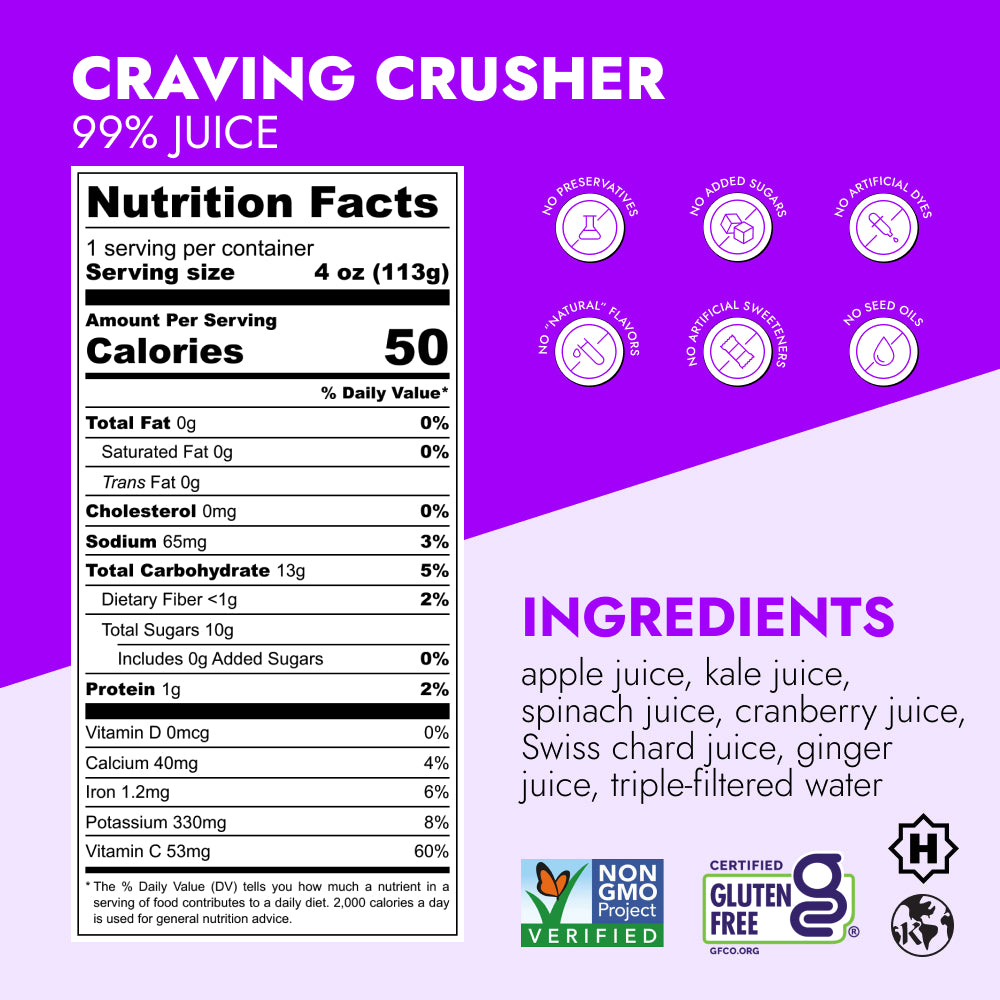 Craving Crusher™ Shot (2-Count) label with nutrition facts, ingredients like apple and kale juice, and badges for no preservatives, non-GMO, and gluten-free certifications.