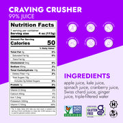 Craving Crusher™ Shot (2-Count) label with nutrition facts, ingredients like apple and kale juice, and badges for no preservatives, non-GMO, and gluten-free certifications.