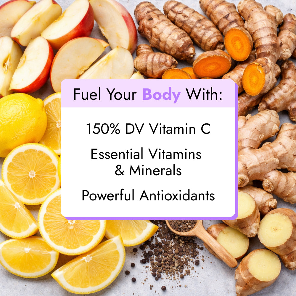 Ginger Turmeric juice ingredients including sliced apples, lemons, ginger, and peppercorns, highlighting 150% DV Vitamin C, antioxidants, and essential vitamins for immune support.
