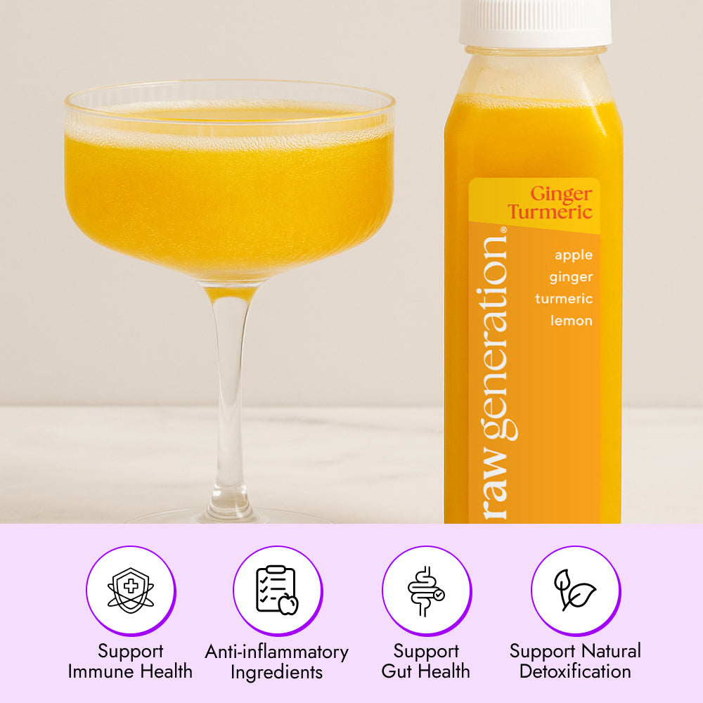Ginger Turmeric cold-pressed juice in a clear glass and bottle, highlighting immune support ingredients, anti-inflammatory plant compounds, and detox-supporting benefits with apple, ginger, turmeric, lemon, and black pepper.
