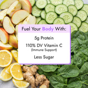 Lemony Greens Juice surrounded by fresh ingredients: apple slices, cucumber rounds, lemon wedges, ginger root, and spinach leaves, highlighting 5g protein, 110% DV Vitamin C, and reduced sugar.