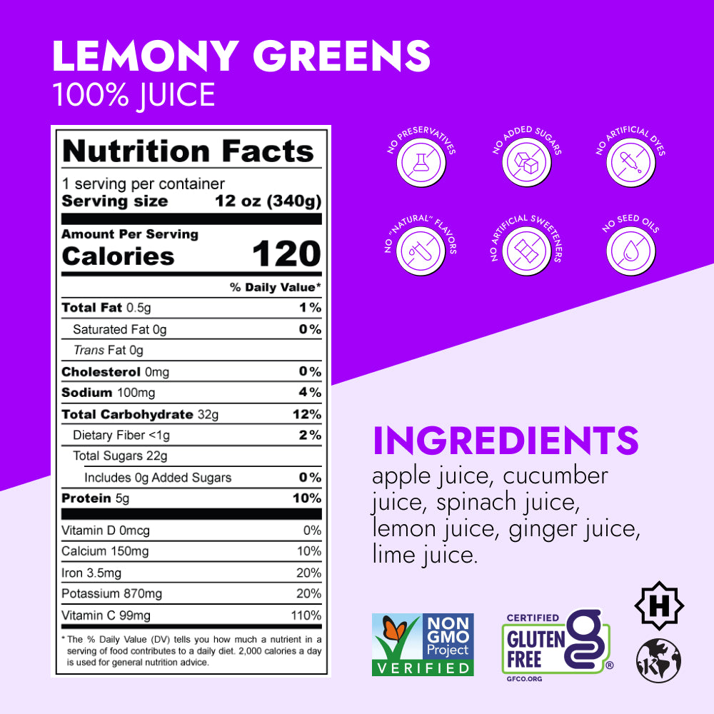 Lemony Greens Juice label featuring nutrition facts, clean-label badges, ingredient list including apple and spinach juices, and certifications for Non-GMO and Gluten-Free.