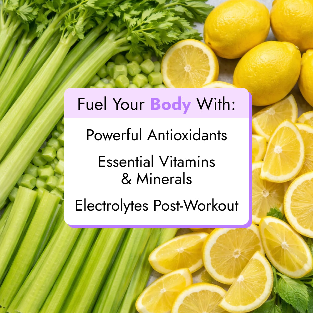 Morning Celery Juice promotion highlighting natural antioxidants and vitamins, with fresh celery and lemon slices, designed for daily gut health support and hydration.