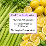 Morning Celery Juice promotion highlighting natural antioxidants and vitamins, with fresh celery and lemon slices, designed for daily gut health support and hydration.