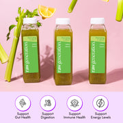 Morning Celery Juice by Raw Generation: Three cold-pressed bottles surrounded by fresh celery and lemon wedges, highlighting gut health support, natural vitamins, and daily energy support.