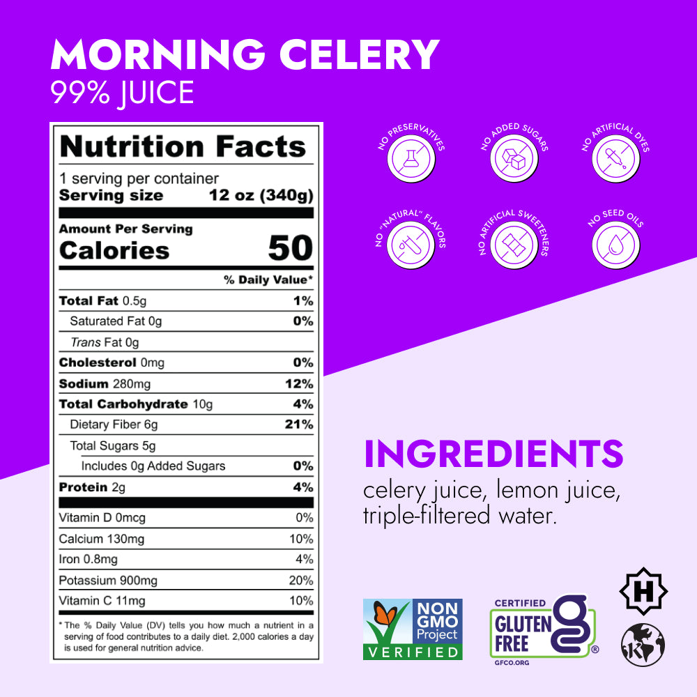 Morning Celery Juice label showcasing 99% juice, nutrition facts, ingredients, and icons for no additives, plus non-GMO, gluten-free, kosher, and recycling certifications.